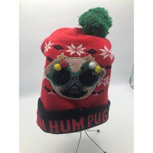 Hat Christmas Bah Hum Pug Adult Hat Knit Pom Pom Red Dog Snowflake Ugly Party